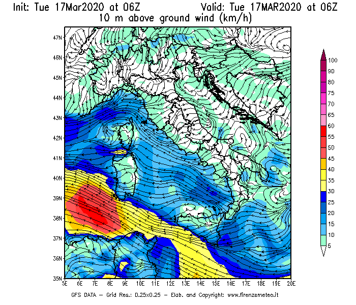 Mappa di analisi GFS - Velocità del vento a 10 metri dal suolo [km/h] in Italia
							del 17/03/2020 06 <!--googleoff: index-->UTC<!--googleon: index-->