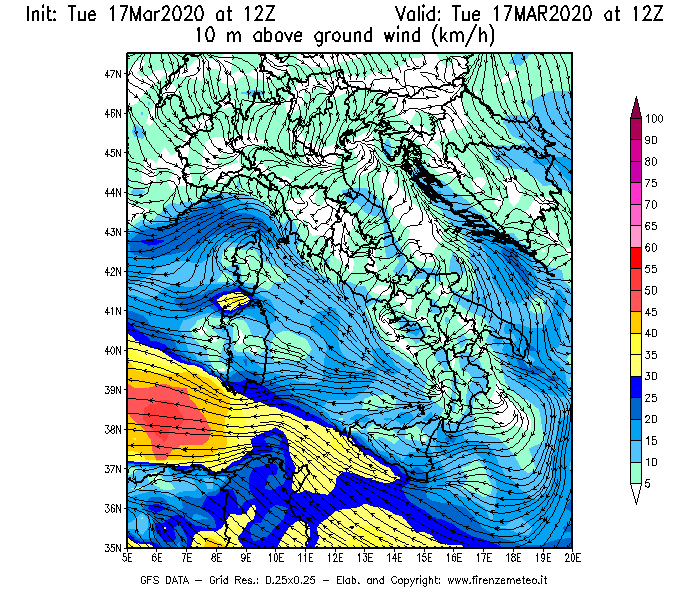 Mappa di analisi GFS - Velocità del vento a 10 metri dal suolo [km/h] in Italia
							del 17/03/2020 12 <!--googleoff: index-->UTC<!--googleon: index-->
