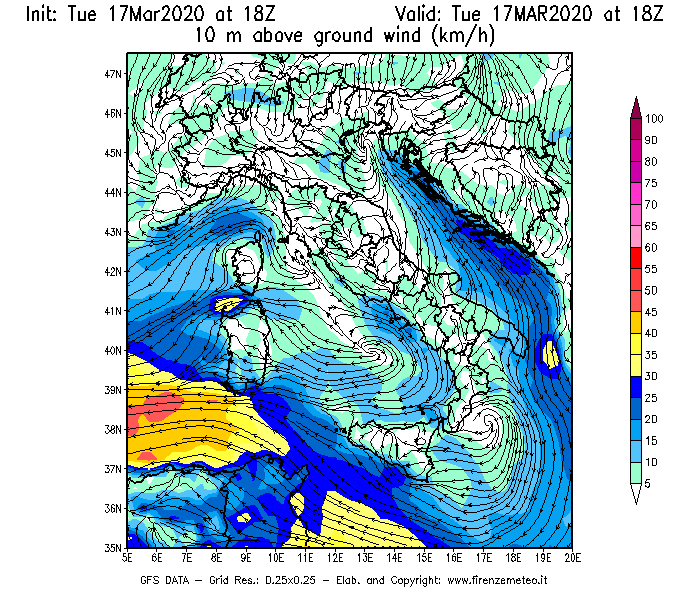 Mappa di analisi GFS - Velocità del vento a 10 metri dal suolo [km/h] in Italia
							del 17/03/2020 18 <!--googleoff: index-->UTC<!--googleon: index-->