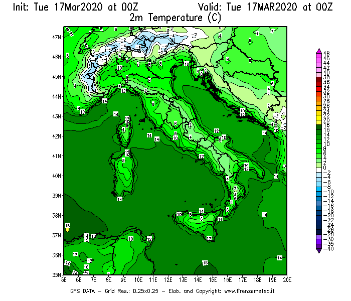 Mappa di analisi GFS - Temperatura a 2 metri dal suolo [°C] in Italia
							del 17/03/2020 00 <!--googleoff: index-->UTC<!--googleon: index-->