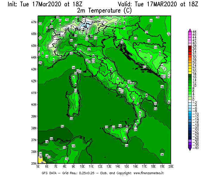 Mappa di analisi GFS - Temperatura a 2 metri dal suolo [°C] in Italia
							del 17/03/2020 18 <!--googleoff: index-->UTC<!--googleon: index-->