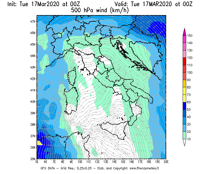 Mappa di analisi GFS - Velocità del vento a 500 hPa [km/h] in Italia
							del 17/03/2020 00 <!--googleoff: index-->UTC<!--googleon: index-->