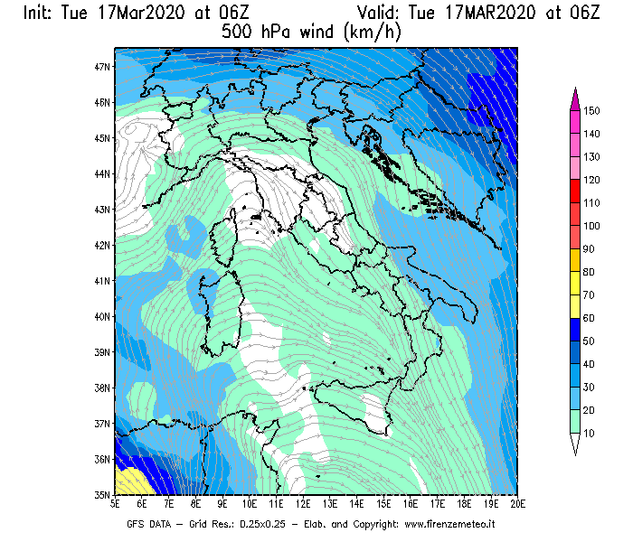 Mappa di analisi GFS - Velocità del vento a 500 hPa [km/h] in Italia
							del 17/03/2020 06 <!--googleoff: index-->UTC<!--googleon: index-->
