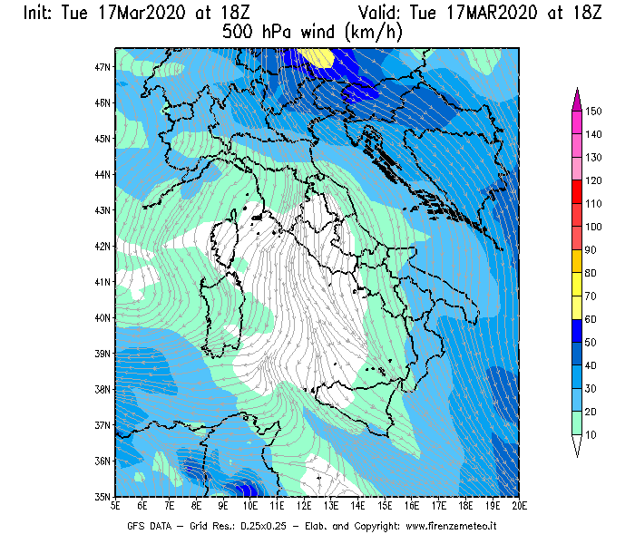 Mappa di analisi GFS - Velocità del vento a 500 hPa [km/h] in Italia
							del 17/03/2020 18 <!--googleoff: index-->UTC<!--googleon: index-->