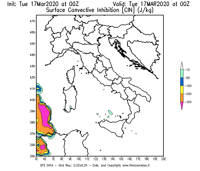 Mappa di analisi GFS - CIN [J/kg] in Italia
							del 17/03/2020 00 <!--googleoff: index-->UTC<!--googleon: index-->