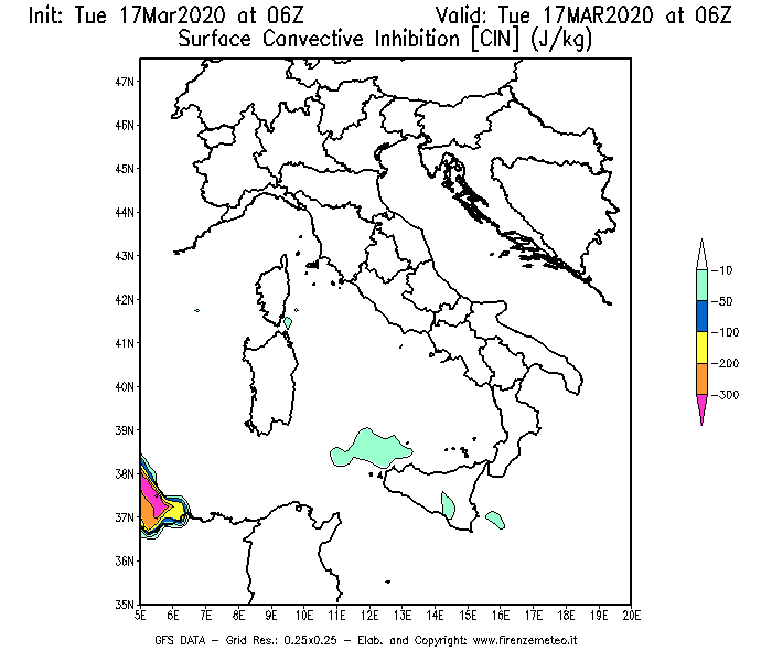 Mappa di analisi GFS - CIN [J/kg] in Italia
							del 17/03/2020 06 <!--googleoff: index-->UTC<!--googleon: index-->