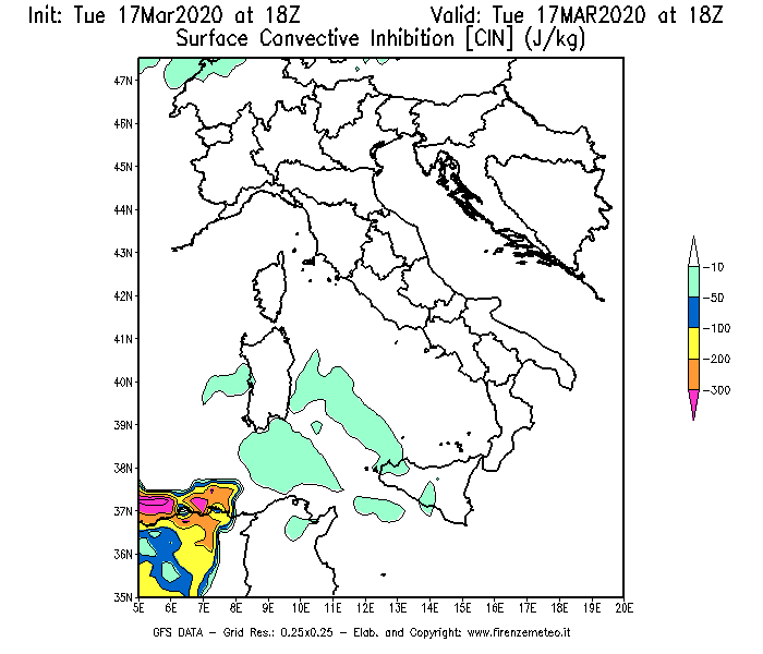 Mappa di analisi GFS - CIN [J/kg] in Italia
							del 17/03/2020 18 <!--googleoff: index-->UTC<!--googleon: index-->