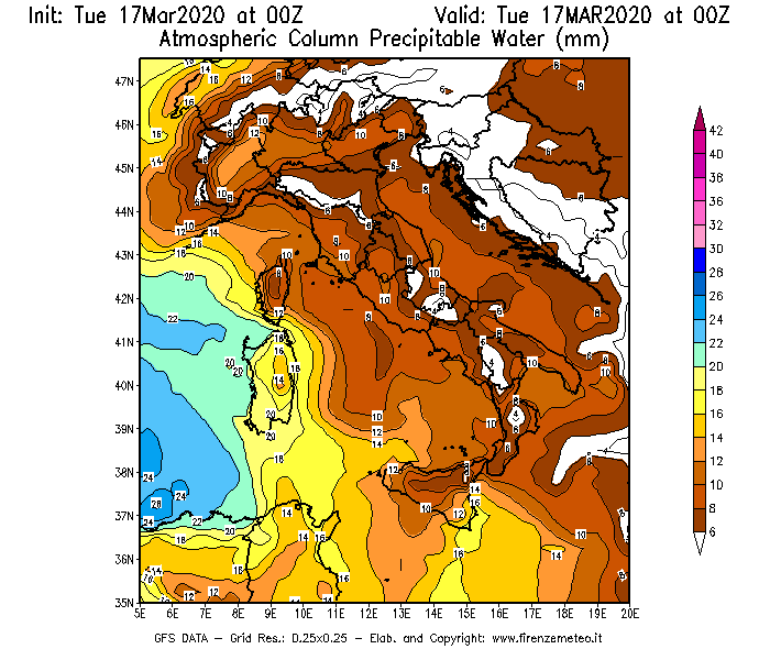 Mappa di analisi GFS - Precipitable Water [mm] in Italia
							del 17/03/2020 00 <!--googleoff: index-->UTC<!--googleon: index-->