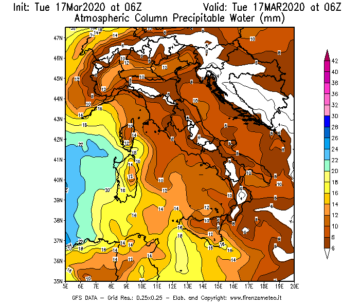 Mappa di analisi GFS - Precipitable Water [mm] in Italia
							del 17/03/2020 06 <!--googleoff: index-->UTC<!--googleon: index-->