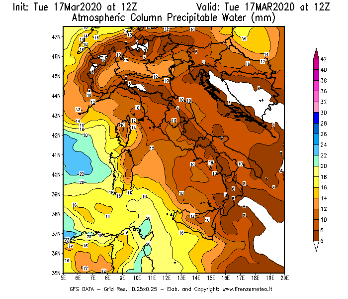 Mappa di analisi GFS - Precipitable Water [mm] in Italia
							del 17/03/2020 12 <!--googleoff: index-->UTC<!--googleon: index-->