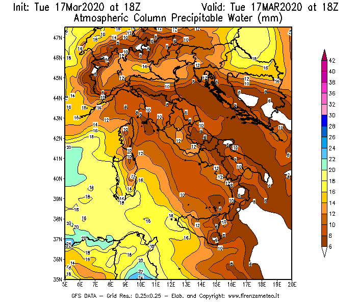 Mappa di analisi GFS - Precipitable Water [mm] in Italia
							del 17/03/2020 18 <!--googleoff: index-->UTC<!--googleon: index-->