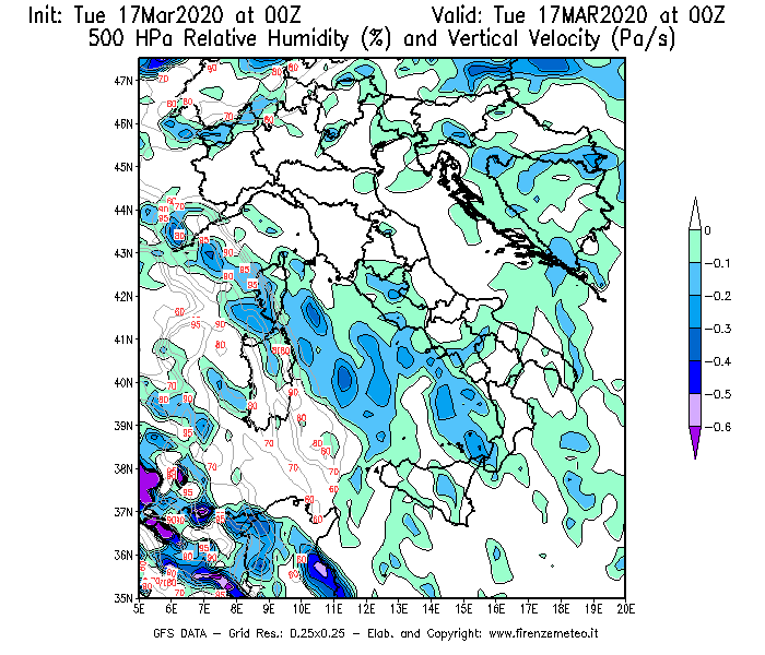Mappa di analisi GFS - Umidità relativa [%] e Omega [Pa/s] a 500 hPa in Italia
							del 17/03/2020 00 <!--googleoff: index-->UTC<!--googleon: index-->