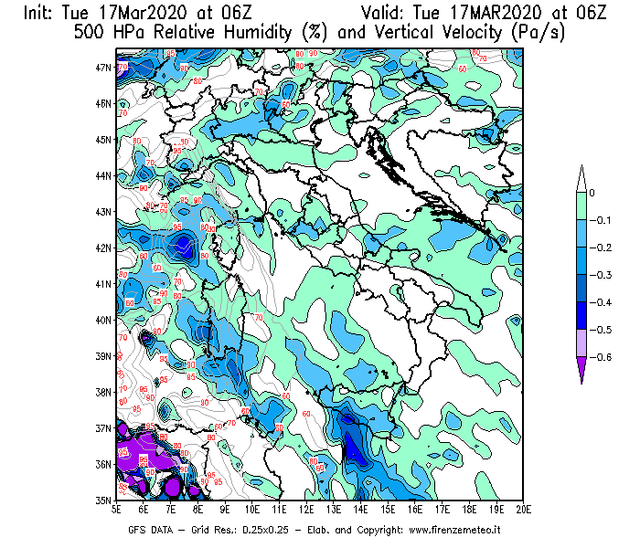 Mappa di analisi GFS - Umidità relativa [%] e Omega [Pa/s] a 500 hPa in Italia
							del 17/03/2020 06 <!--googleoff: index-->UTC<!--googleon: index-->