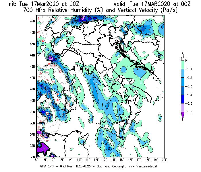 Mappa di analisi GFS - Umidità relativa [%] e Omega [Pa/s] a 700 hPa in Italia
							del 17/03/2020 00 <!--googleoff: index-->UTC<!--googleon: index-->