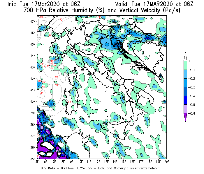 Mappa di analisi GFS - Umidità relativa [%] e Omega [Pa/s] a 700 hPa in Italia
							del 17/03/2020 06 <!--googleoff: index-->UTC<!--googleon: index-->