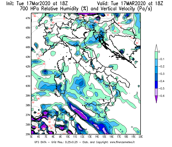 Mappa di analisi GFS - Umidità relativa [%] e Omega [Pa/s] a 700 hPa in Italia
							del 17/03/2020 18 <!--googleoff: index-->UTC<!--googleon: index-->