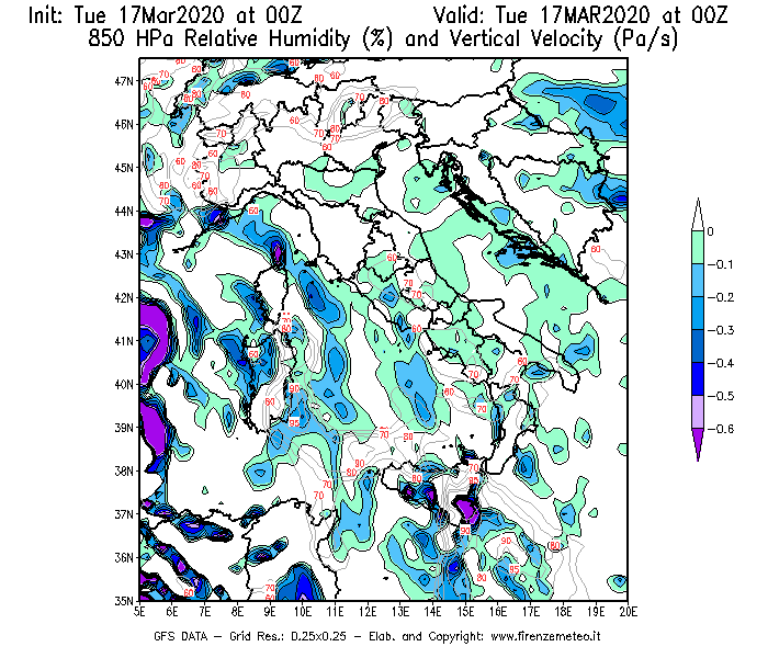 Mappa di analisi GFS - Umidità relativa [%] e Omega [Pa/s] a 850 hPa in Italia
							del 17/03/2020 00 <!--googleoff: index-->UTC<!--googleon: index-->