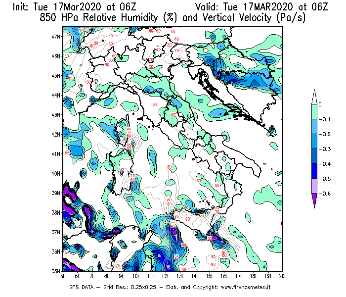 Mappa di analisi GFS - Umidità relativa [%] e Omega [Pa/s] a 850 hPa in Italia
							del 17/03/2020 06 <!--googleoff: index-->UTC<!--googleon: index-->