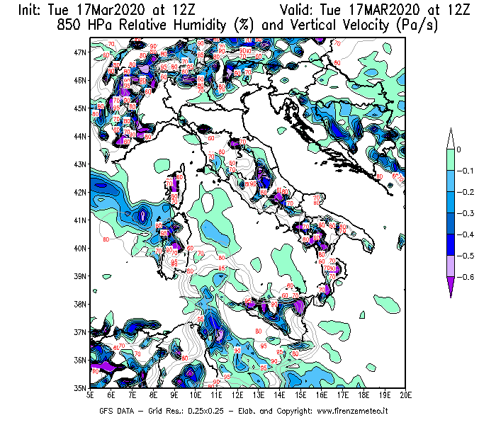 Mappa di analisi GFS - Umidità relativa [%] e Omega [Pa/s] a 850 hPa in Italia
							del 17/03/2020 12 <!--googleoff: index-->UTC<!--googleon: index-->