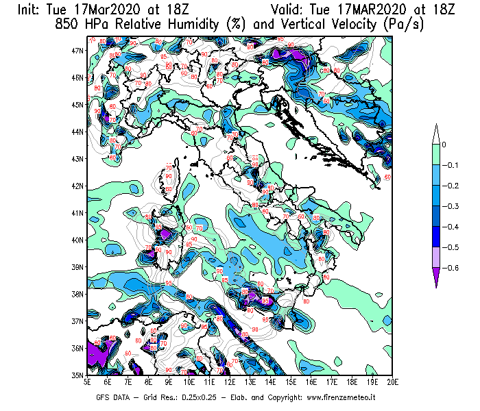 Mappa di analisi GFS - Umidità relativa [%] e Omega [Pa/s] a 850 hPa in Italia
							del 17/03/2020 18 <!--googleoff: index-->UTC<!--googleon: index-->