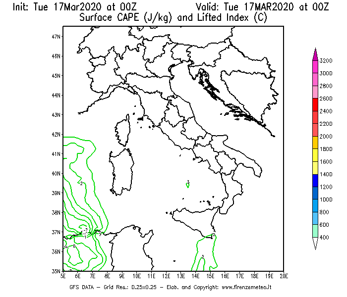 Mappa di analisi GFS - CAPE [J/kg] e Lifted Index [°C] in Italia
							del 17/03/2020 00 <!--googleoff: index-->UTC<!--googleon: index-->