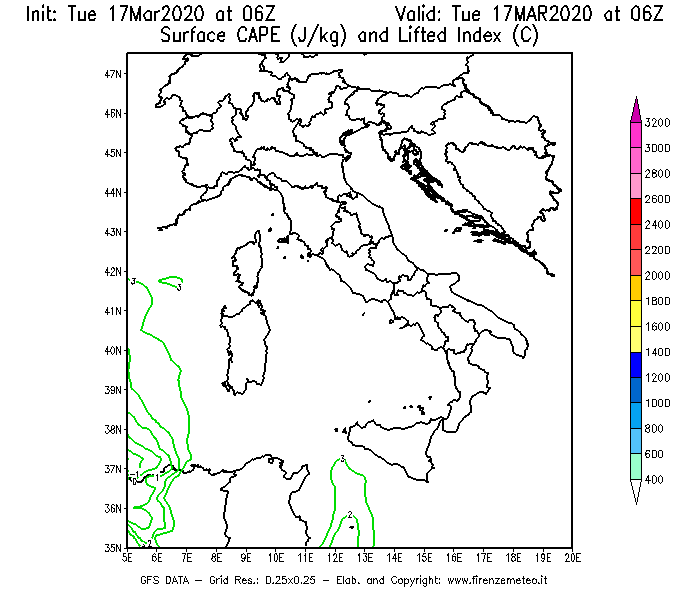 Mappa di analisi GFS - CAPE [J/kg] e Lifted Index [°C] in Italia
							del 17/03/2020 06 <!--googleoff: index-->UTC<!--googleon: index-->