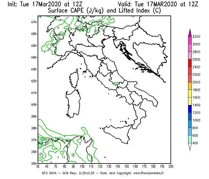 Mappa di analisi GFS - CAPE [J/kg] e Lifted Index [°C] in Italia
							del 17/03/2020 12 <!--googleoff: index-->UTC<!--googleon: index-->