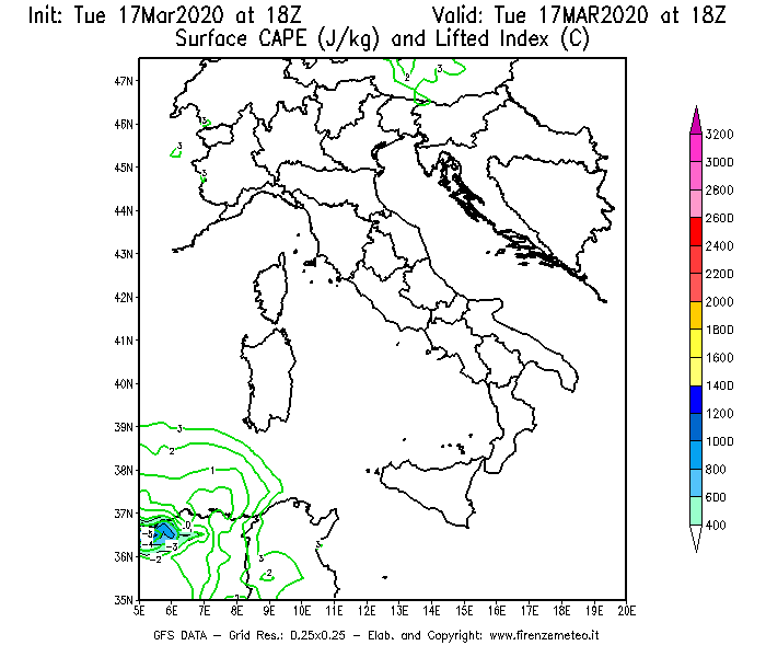 Mappa di analisi GFS - CAPE [J/kg] e Lifted Index [°C] in Italia
							del 17/03/2020 18 <!--googleoff: index-->UTC<!--googleon: index-->