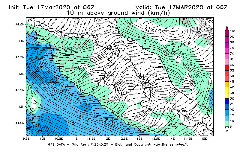 Mappa di analisi GFS - Velocità del vento a 10 metri dal suolo [km/h] in Centro-Italia
							del 17/03/2020 06 <!--googleoff: index-->UTC<!--googleon: index-->
