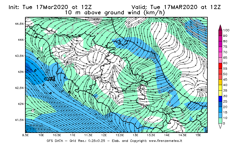 Mappa di analisi GFS - Velocità del vento a 10 metri dal suolo [km/h] in Centro-Italia
							del 17/03/2020 12 <!--googleoff: index-->UTC<!--googleon: index-->