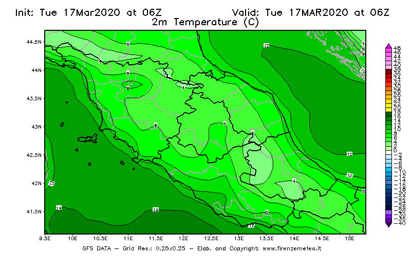 Mappa di analisi GFS - Temperatura a 2 metri dal suolo [°C] in Centro-Italia
							del 17/03/2020 06 <!--googleoff: index-->UTC<!--googleon: index-->