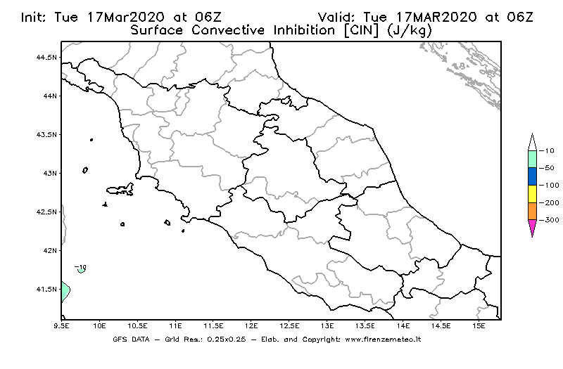 Mappa di analisi GFS - CIN [J/kg] in Centro-Italia
							del 17/03/2020 06 <!--googleoff: index-->UTC<!--googleon: index-->