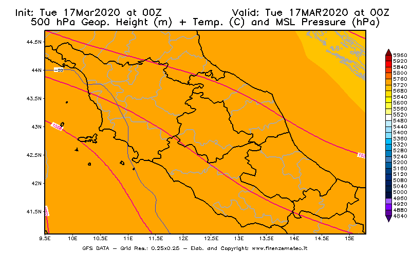 Mappa di analisi GFS - Geopotenziale [m] + Temp. [°C] a 500 hPa + Press. a livello del mare [hPa] in Centro-Italia
							del 17/03/2020 00 <!--googleoff: index-->UTC<!--googleon: index-->