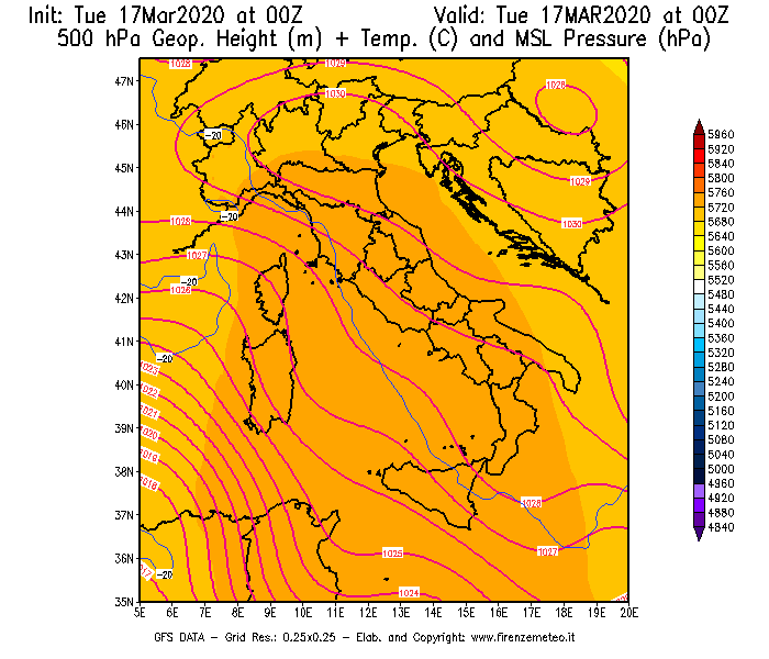 Mappa di analisi GFS - Geopotenziale [m] + Temp. [°C] a 500 hPa + Press. a livello del mare [hPa] in Italia
							del 17/03/2020 00 <!--googleoff: index-->UTC<!--googleon: index-->
