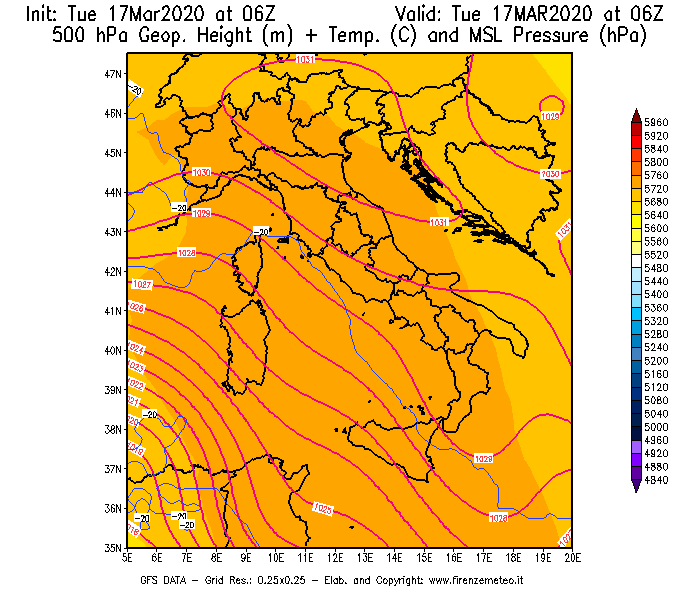 Mappa di analisi GFS - Geopotenziale [m] + Temp. [°C] a 500 hPa + Press. a livello del mare [hPa] in Italia
							del 17/03/2020 06 <!--googleoff: index-->UTC<!--googleon: index-->