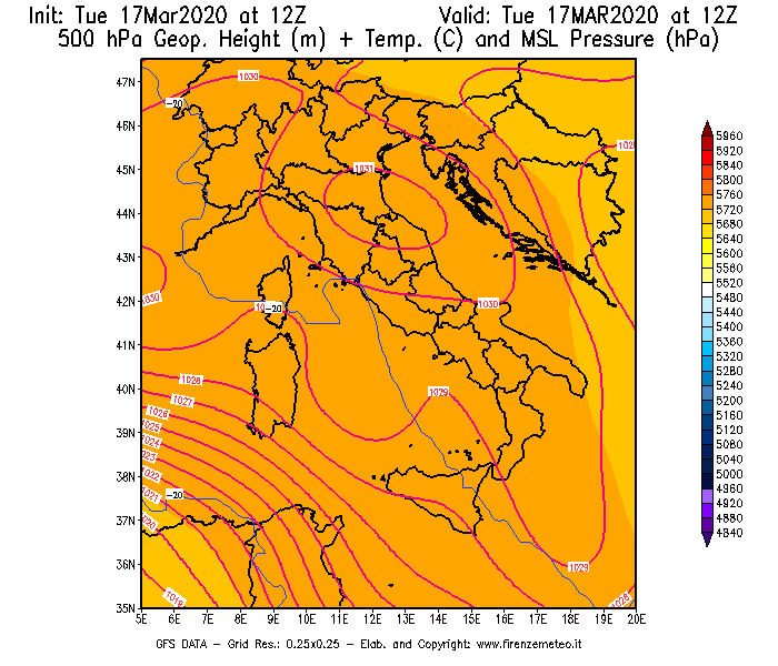 Mappa di analisi GFS - Geopotenziale [m] + Temp. [°C] a 500 hPa + Press. a livello del mare [hPa] in Italia
							del 17/03/2020 12 <!--googleoff: index-->UTC<!--googleon: index-->