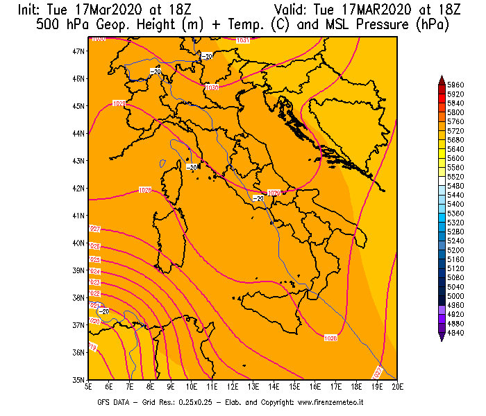 Mappa di analisi GFS - Geopotenziale [m] + Temp. [°C] a 500 hPa + Press. a livello del mare [hPa] in Italia
							del 17/03/2020 18 <!--googleoff: index-->UTC<!--googleon: index-->