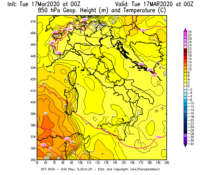 Mappa di analisi GFS - Geopotenziale [m] e Temperatura [°C] a 850 hPa in Italia
							del 17/03/2020 00 <!--googleoff: index-->UTC<!--googleon: index-->