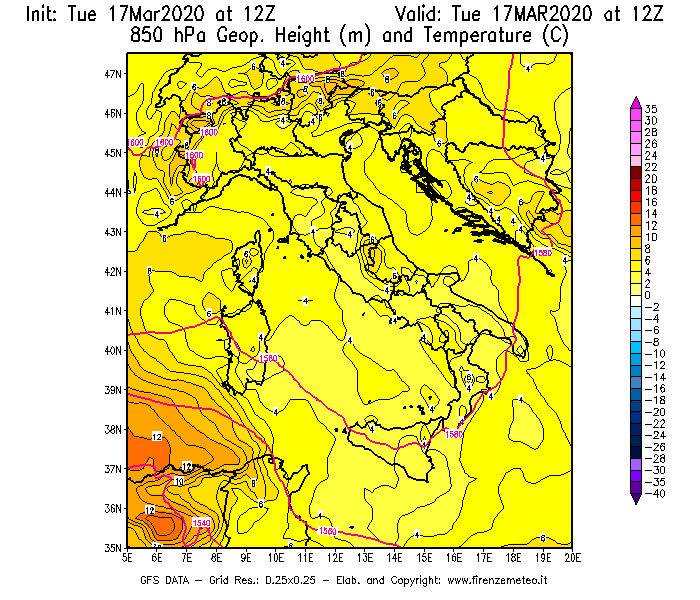 Mappa di analisi GFS - Geopotenziale [m] e Temperatura [°C] a 850 hPa in Italia
							del 17/03/2020 12 <!--googleoff: index-->UTC<!--googleon: index-->