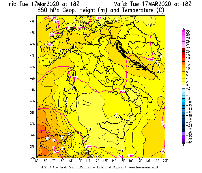Mappa di analisi GFS - Geopotenziale [m] e Temperatura [°C] a 850 hPa in Italia
							del 17/03/2020 18 <!--googleoff: index-->UTC<!--googleon: index-->