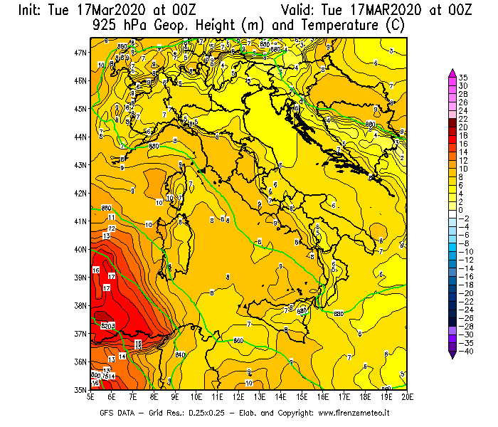 Mappa di analisi GFS - Geopotenziale [m] e Temperatura [°C] a 925 hPa in Italia
							del 17/03/2020 00 <!--googleoff: index-->UTC<!--googleon: index-->