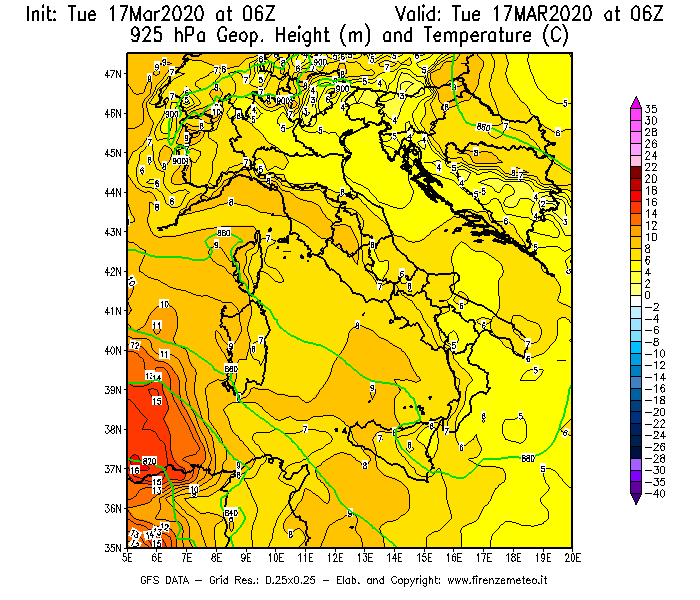 Mappa di analisi GFS - Geopotenziale [m] e Temperatura [°C] a 925 hPa in Italia
							del 17/03/2020 06 <!--googleoff: index-->UTC<!--googleon: index-->