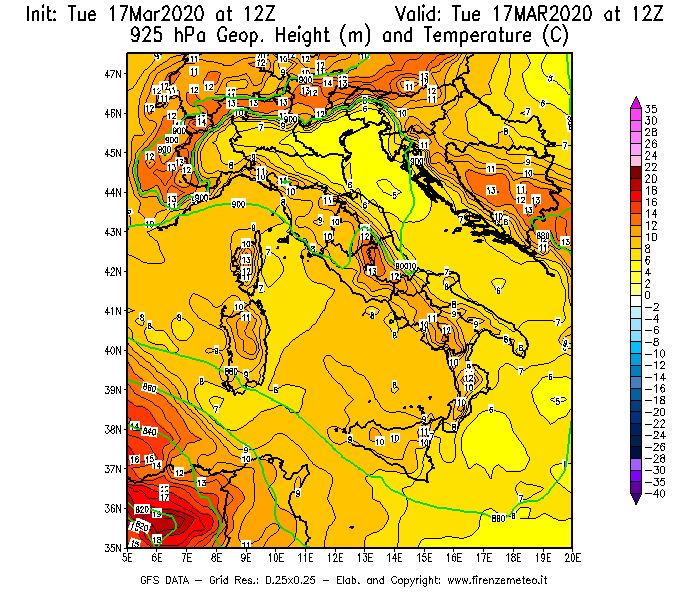 Mappa di analisi GFS - Geopotenziale [m] e Temperatura [°C] a 925 hPa in Italia
							del 17/03/2020 12 <!--googleoff: index-->UTC<!--googleon: index-->
