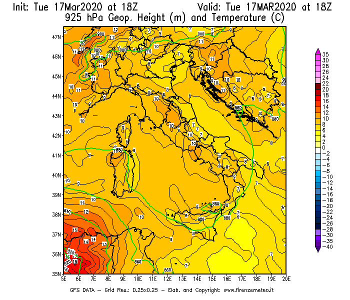 Mappa di analisi GFS - Geopotenziale [m] e Temperatura [°C] a 925 hPa in Italia
							del 17/03/2020 18 <!--googleoff: index-->UTC<!--googleon: index-->