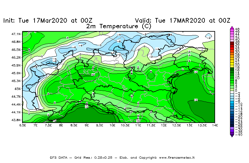 Mappa di analisi GFS - Temperatura a 2 metri dal suolo [°C] in Nord-Italia
							del 17/03/2020 00 <!--googleoff: index-->UTC<!--googleon: index-->