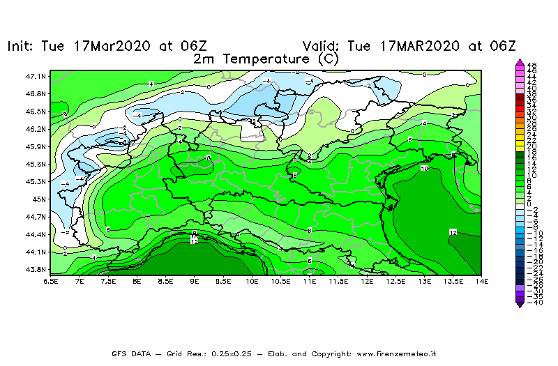Mappa di analisi GFS - Temperatura a 2 metri dal suolo [°C] in Nord-Italia
							del 17/03/2020 06 <!--googleoff: index-->UTC<!--googleon: index-->