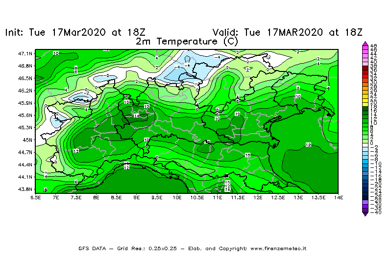 Mappa di analisi GFS - Temperatura a 2 metri dal suolo [°C] in Nord-Italia
							del 17/03/2020 18 <!--googleoff: index-->UTC<!--googleon: index-->