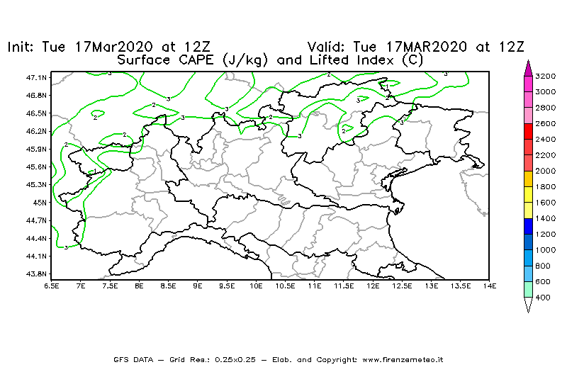Mappa di analisi GFS - CAPE [J/kg] e Lifted Index [°C] in Nord-Italia
							del 17/03/2020 12 <!--googleoff: index-->UTC<!--googleon: index-->
