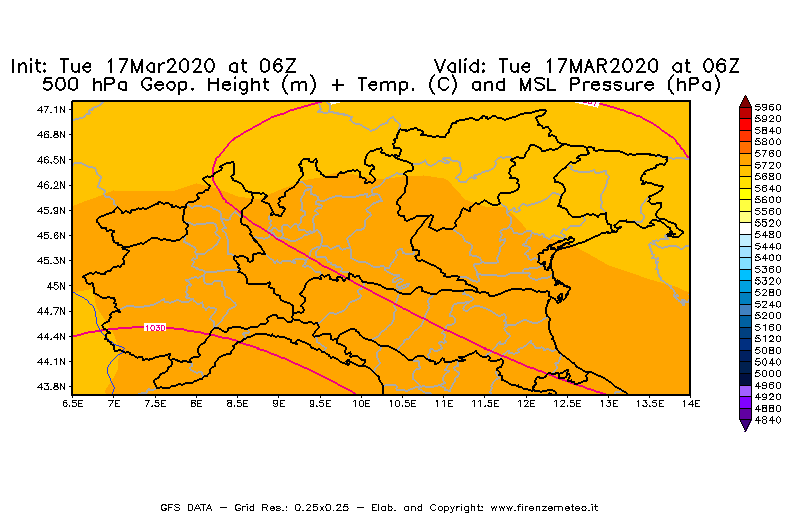 Mappa di analisi GFS - Geopotenziale [m] + Temp. [°C] a 500 hPa + Press. a livello del mare [hPa] in Nord-Italia
							del 17/03/2020 06 <!--googleoff: index-->UTC<!--googleon: index-->
