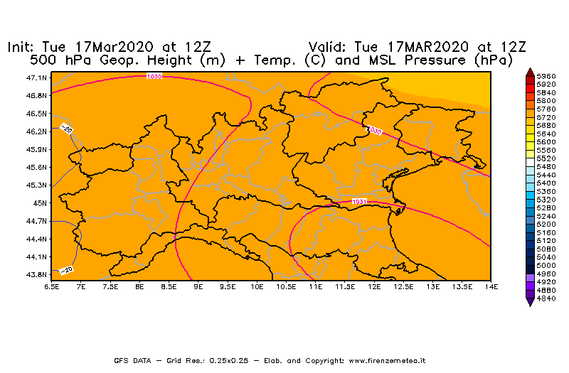 Mappa di analisi GFS - Geopotenziale [m] + Temp. [°C] a 500 hPa + Press. a livello del mare [hPa] in Nord-Italia
							del 17/03/2020 12 <!--googleoff: index-->UTC<!--googleon: index-->